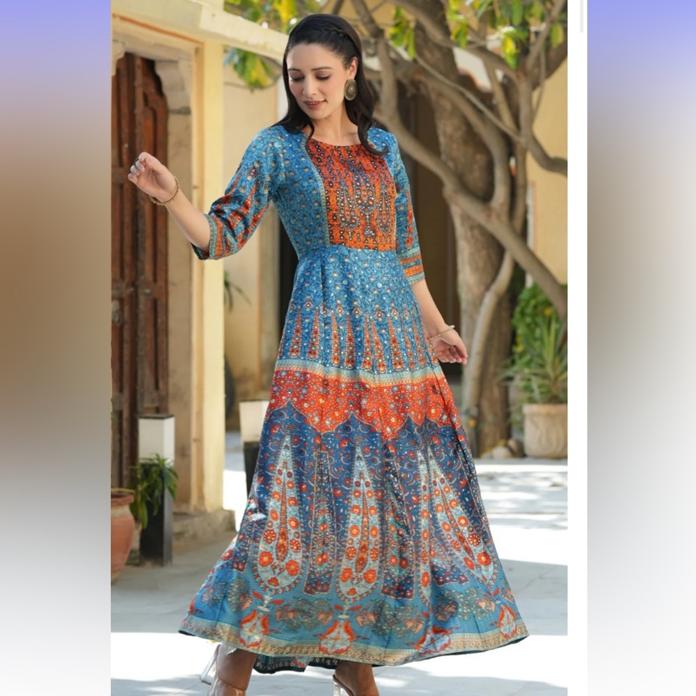 Juniper Satin Blue, Gold and Orange Maxi Dress size M